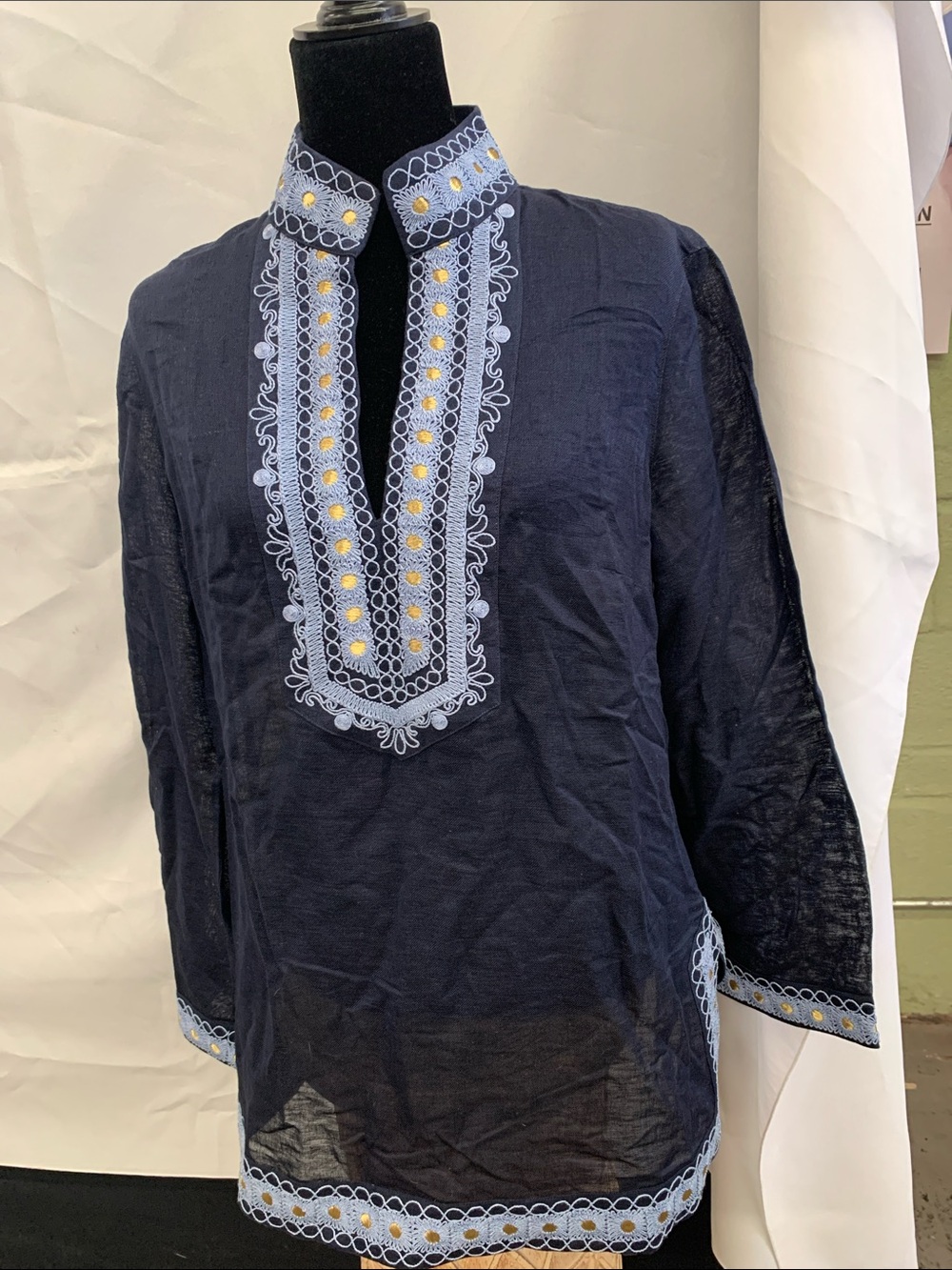 Tory Burch Navy Button-Front Shirt with Light Blue & Gold Embroidery